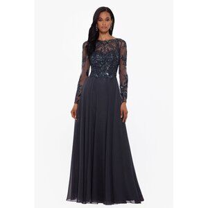 XSCAPE EVENINGS Size 8 Gray LONG SLEEVE BEADED CHIFFON Cocktail GOWN Dress Flowy